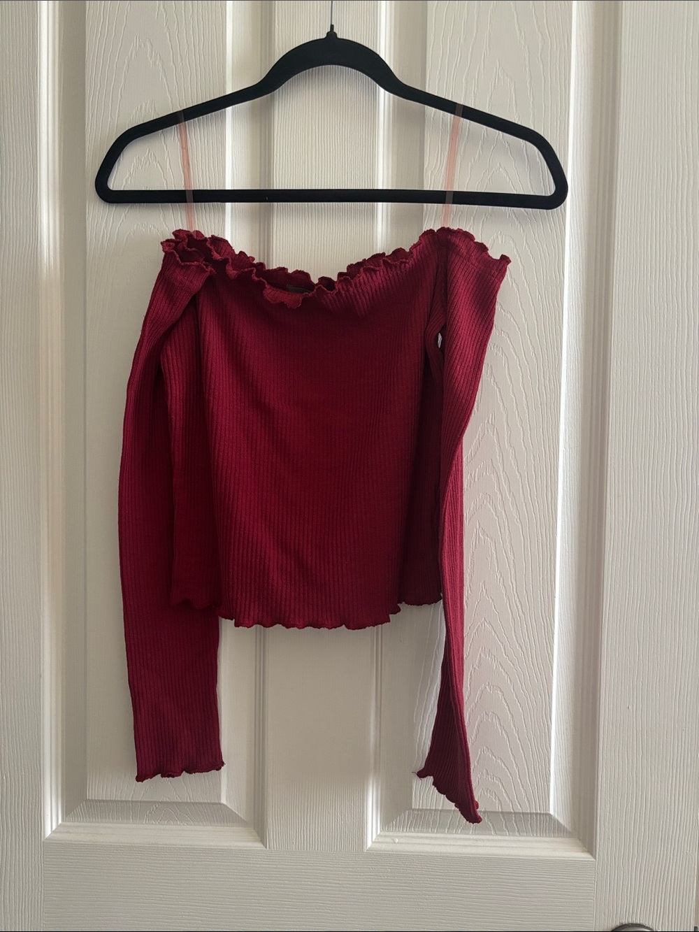 Charlotte Russe Ribbed Off-Shoulder Long Sleeve Top - Berry Red